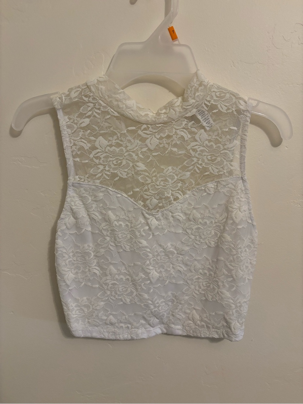 Ambiance apparel White Lace Mock Neck Sleeveless Cropped Tank Top